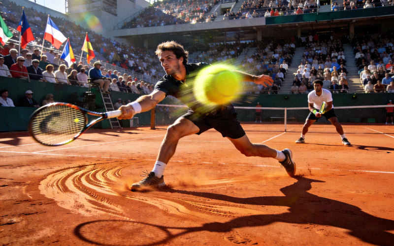 世界网球大满贯决赛现场 - 网球选手在红土场上奋力击球